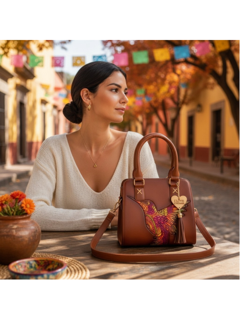 Brown Mexican Hummingbird Curpiel Shoulder Crossbody Handbag Artisan purse